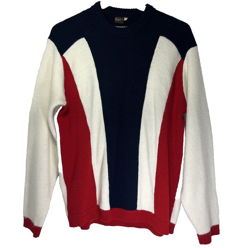 Vintage Sears Sports Center Knit Sweater Mens Size XL Red White Blue America USA